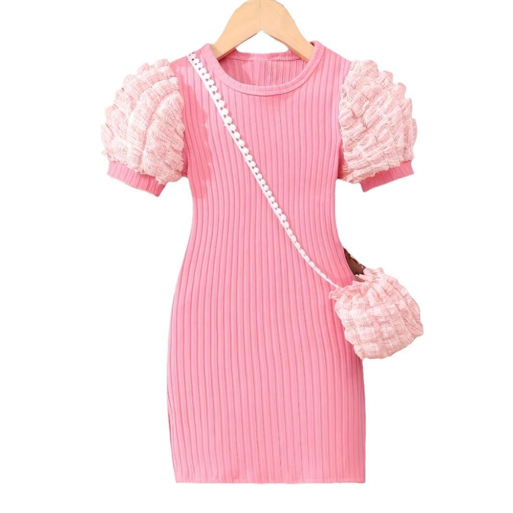 Mädchen Rosa Puffärmel Mode Kleid Sommer Herbst Kinder Prinzessin Kleid