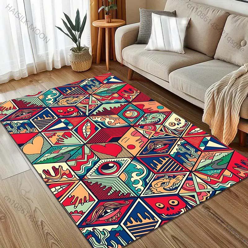 Japanese Grid Painting Art Pink Donkey Art Print Carpet Living Room Bedroom Bedside Sofa Floor Mat Modern Home Decor Area Rug