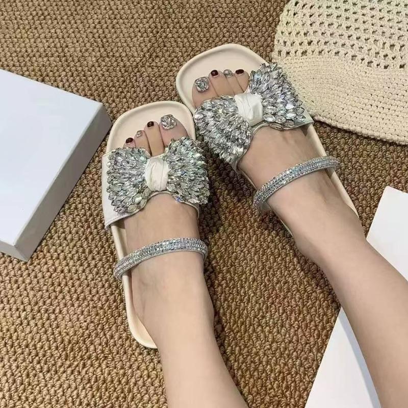 Summer New Rhinestone Bow Outside Wear Half Slip Women's Fashion Square Toe Open Toe Platform Soft Slip Flats