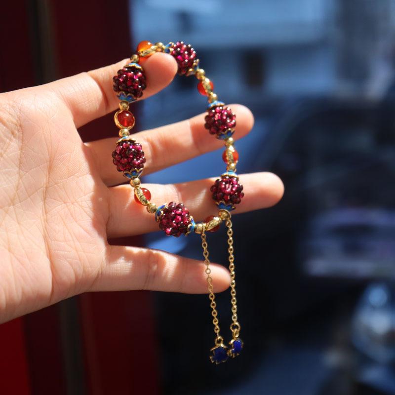 Vintage Garnet Beaded Bracelet, Gold-Plated Enamel & Turquoise Stone Adjustable Bracelet