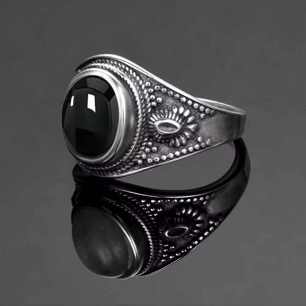 Vintage 925 Sterling Silver Black Onyx Ring Oval Shape Natural Stone Certified Fine Jewerly Retro Silver Rings for Women Men
