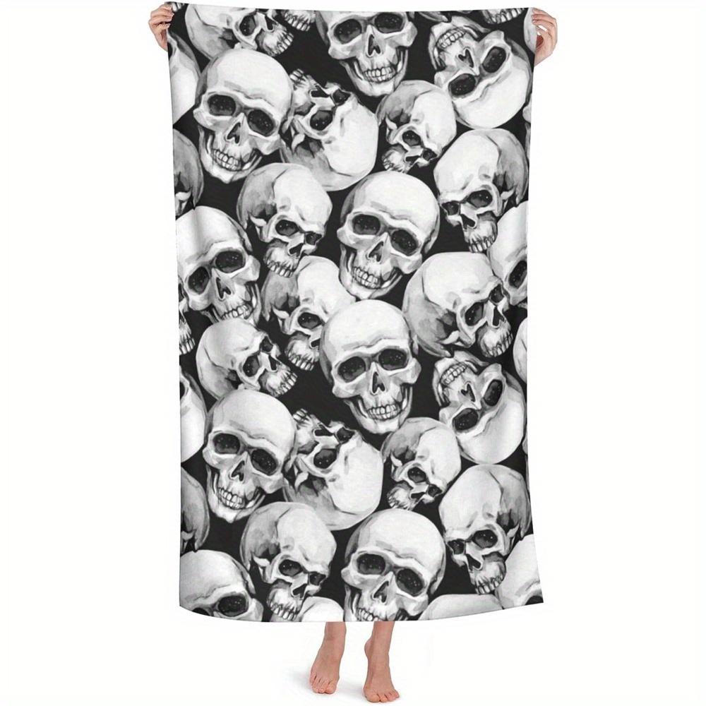 Textilien Men's Black/White Skull Beach Towel Gothic Print Horror Theme Quick Dry Soft Microfiber Bath Towel For Halloween Gift