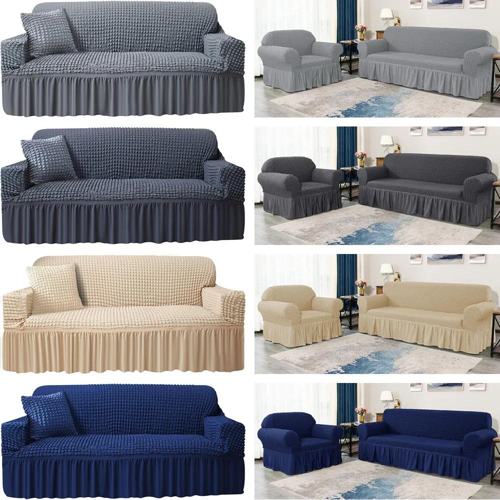 High Elastic Slipcover Bubble Grid Sofa Cover 1/2/3/4 with Skirt Hem Universal Washable All Season Furniture Protector for Pets