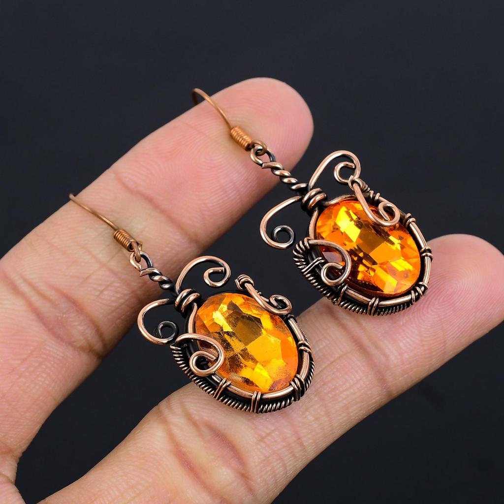 Citrin Ohrringe, 999 Kupferdraht umwickelter Edelsteinschmuck, Handgefertigte Ohrringe, Für Thanksgiving
