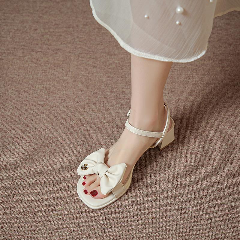 Coarse-heeled sandals women's spring and summer 2025 new fashion simple sweet bow foreign style word fairy high heels