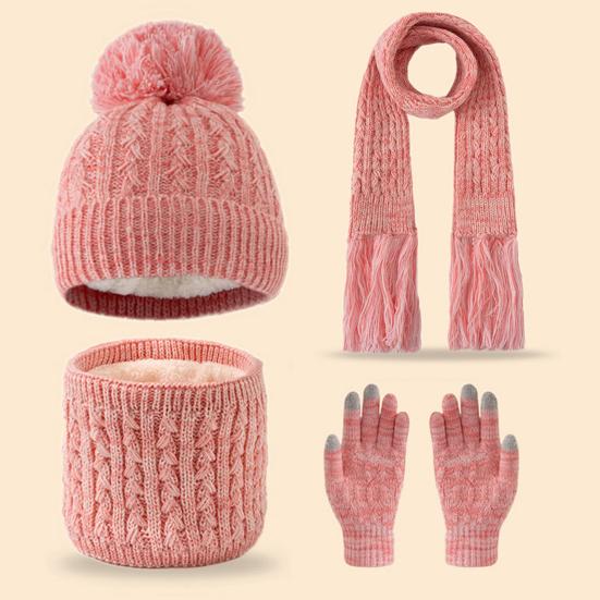 3Pcs/Set Kids Hat Scarf Gloves Set Rainbow Twist Texture Plush Ball Decor Knitting Hat