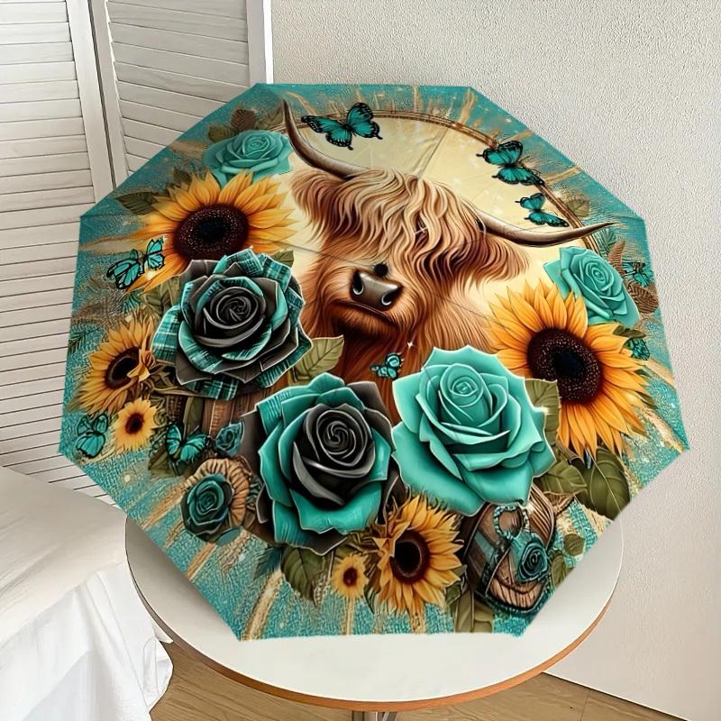 

1pc Highland Cow Floral Mandala Umbrella with Plastic Handle,Suitable for All Seasons Home Travel Outdoor UmbrellaDD1146