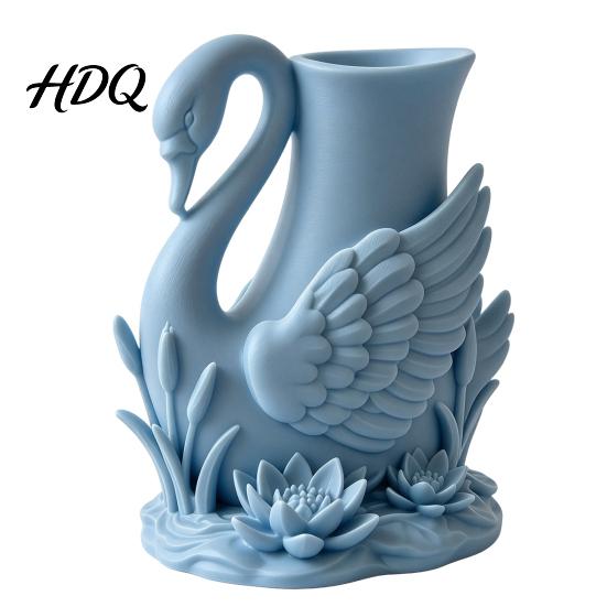Decorative Water Plant Carving 3D Printed Swan Vase with Lotus Relief Elegant Flower Vase Desktop Romantic Bedroom Accessories Organizer for Living