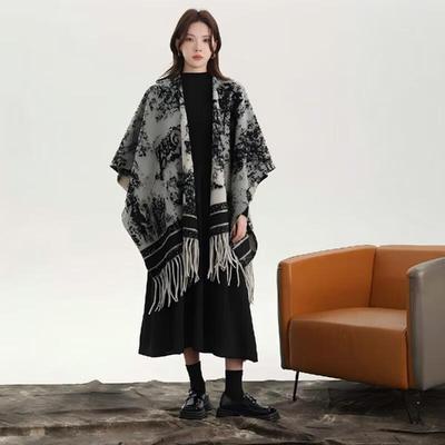 Women's Ink Wash Painting Poncho Shawl