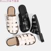 Leather flat bottom square head Roman sandals women's summer 2025 new French retro woven baotou pig cage shoes soft sole tide