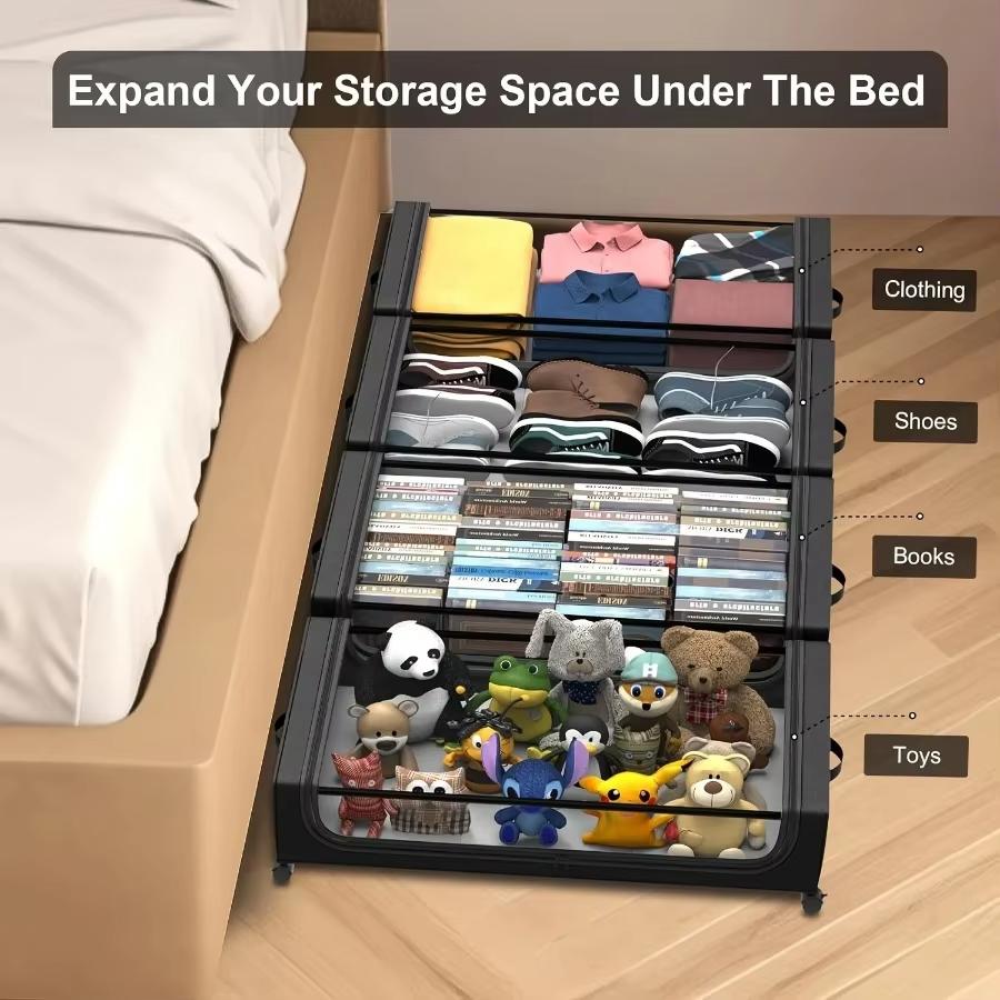 Large Capacity Transparent Lid Under Bed Storage Box with Wheels & Lids Fits Shoes Clothes Ideal for Dorm Bedrooms Storage Box