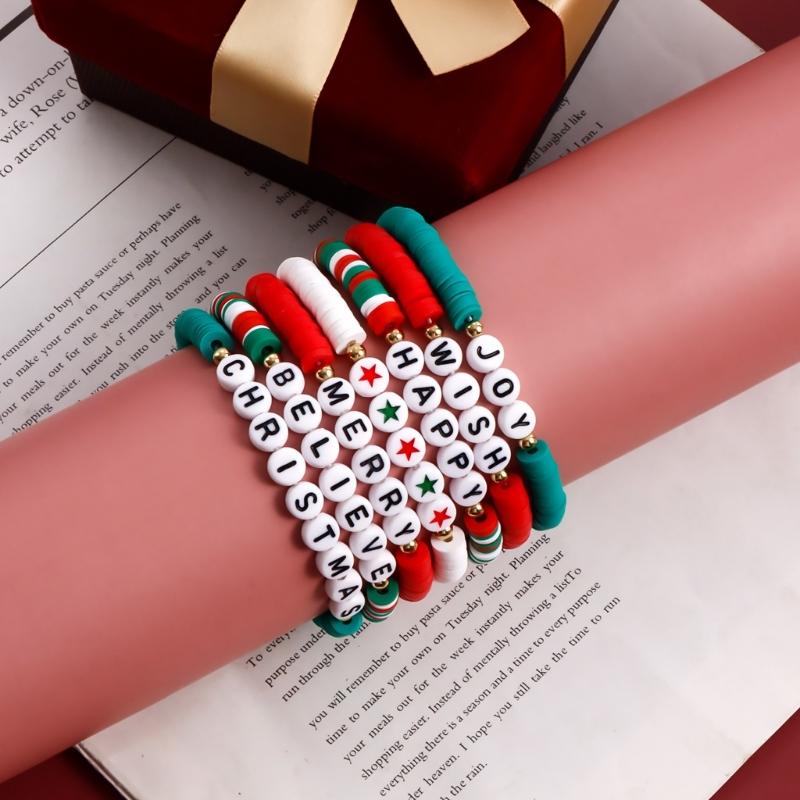 Christmas Beaded Bangle Festive Bohemian Colorful Bracelets 6/7Pcs Soft Clay Elastic Beaded Hand Chains Jewelry for Girl