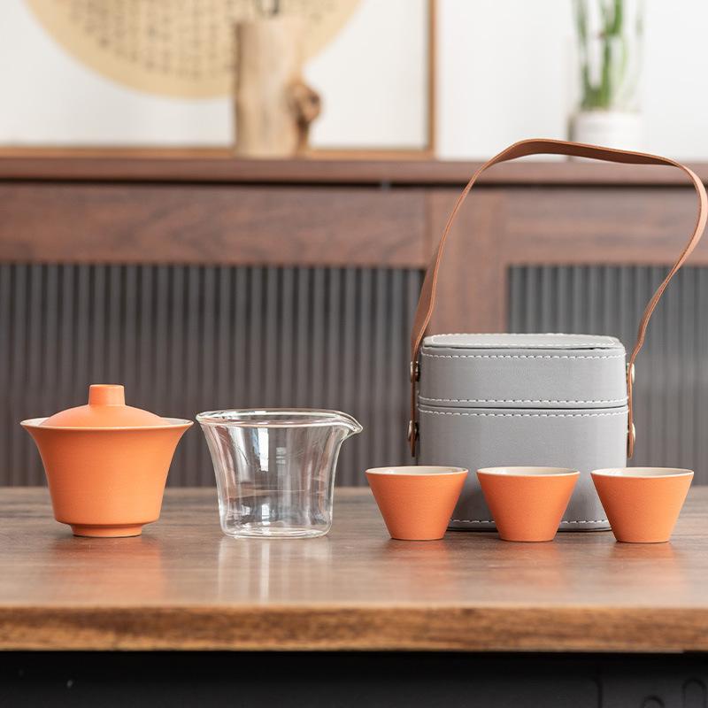 Light Luxury Travel Tea Set Cover Bowl Kuaike Three Cups Outdoor Portable Handbag High-end Ceramic Glass Tea Maker Gift