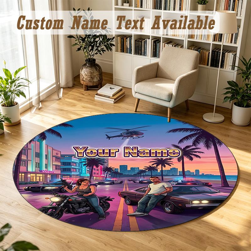 Round Rug Custom NameGTA Pattern Non Slip Carpet Home Floor Decor