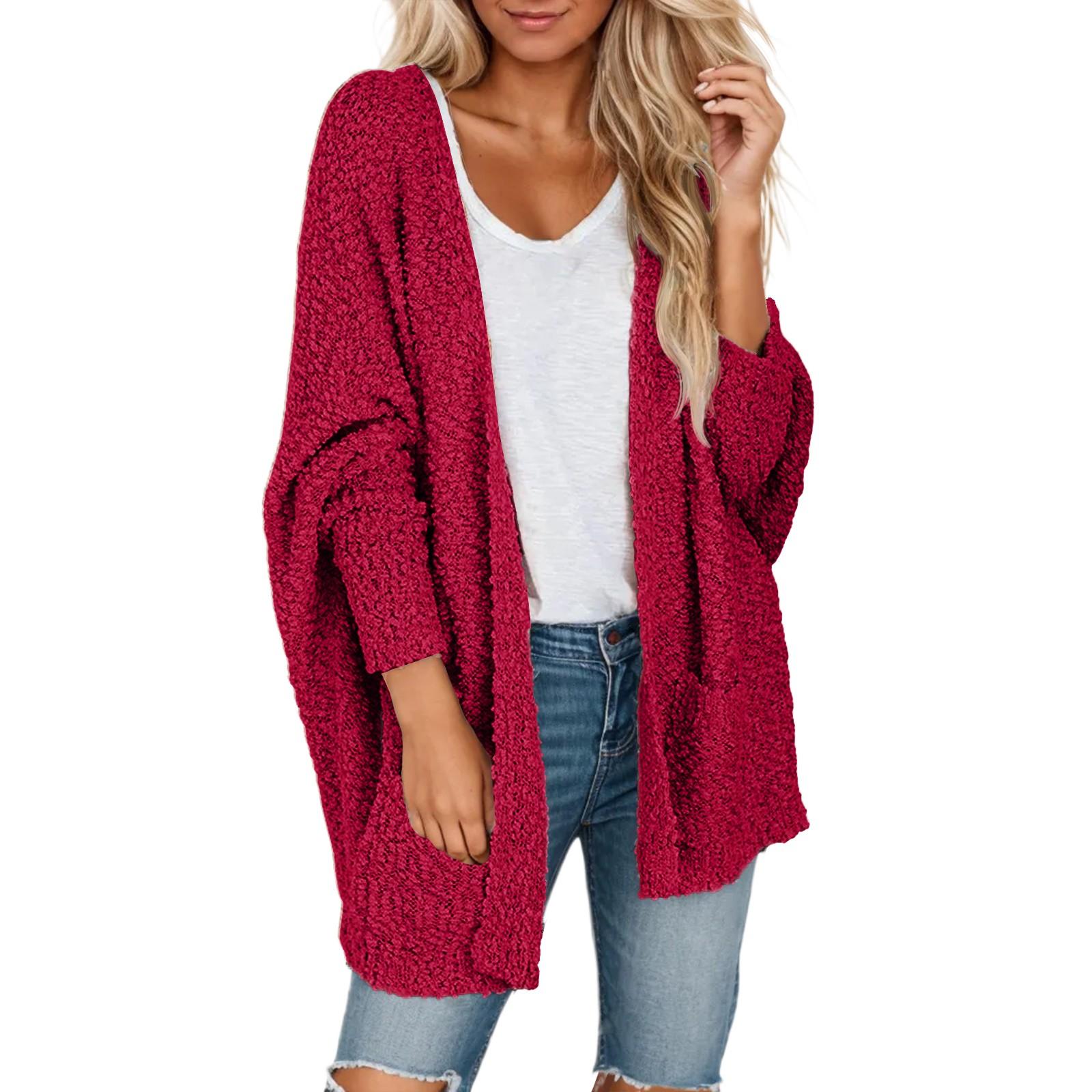 

Women s Fashion Casual Long Sleeve Knitted Pocket Cardigan Jacket Mid-Length Sweater XL винний