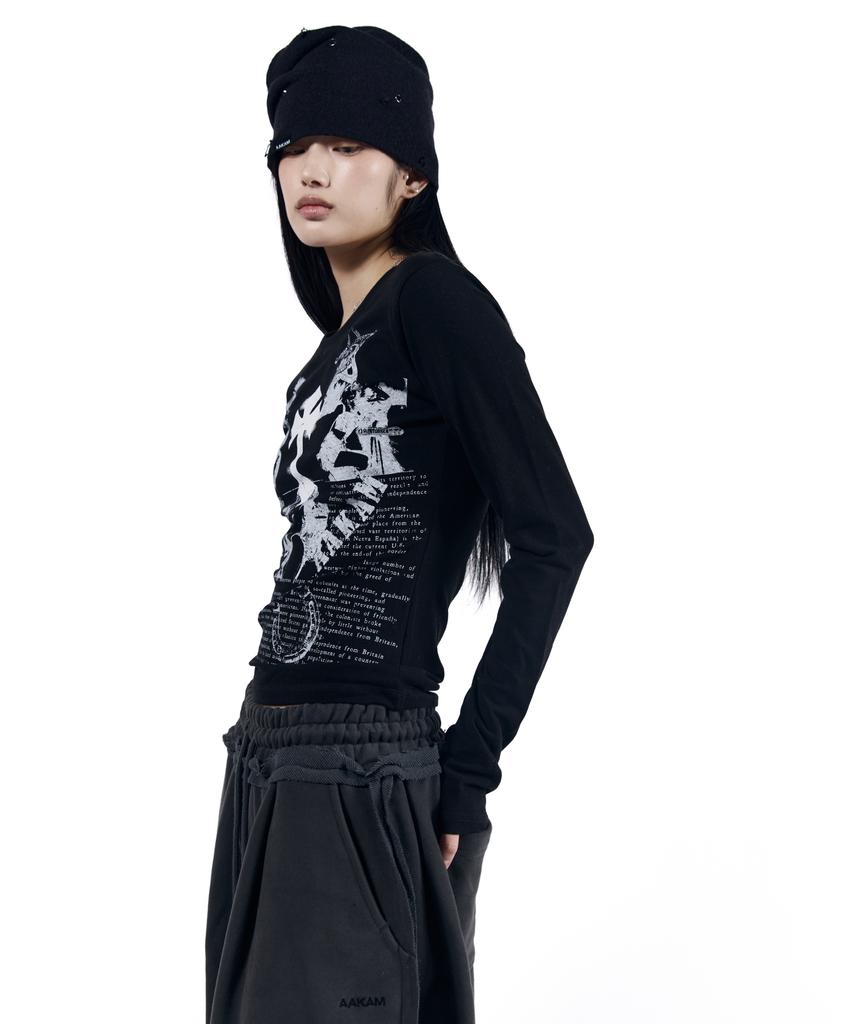AAKAM Rhinestone Damaged Long Beanie (Black)
