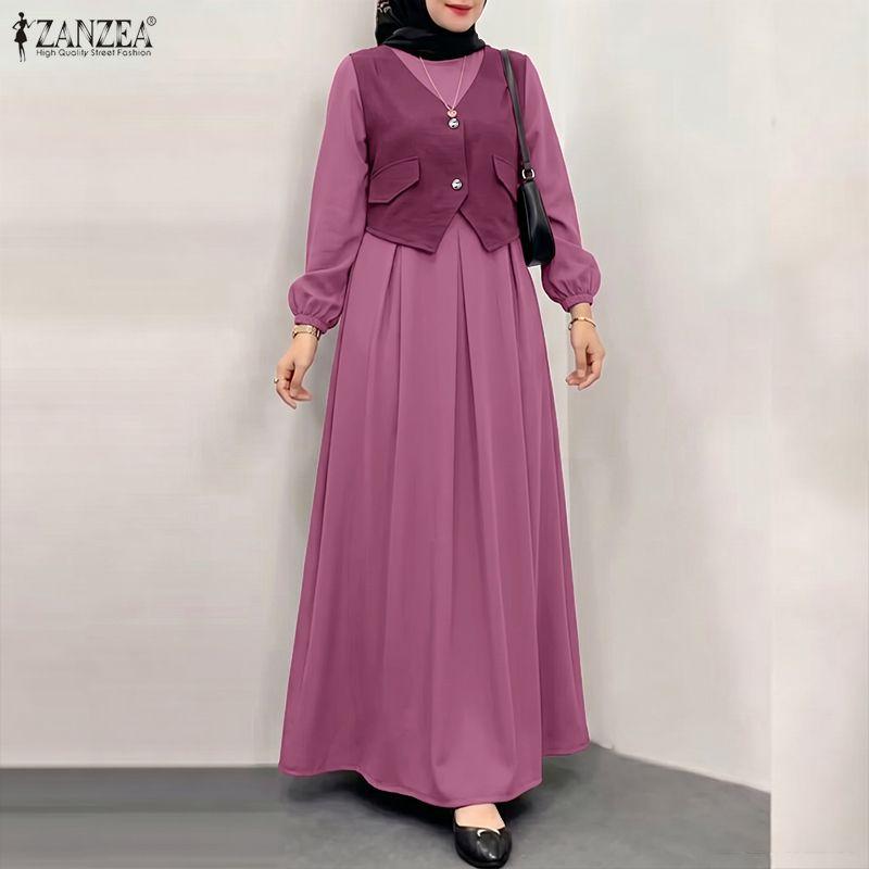 ZANZEA Abito Lungo Casual da Donna Girocollo Maniche Lunghe Largo Patchwork