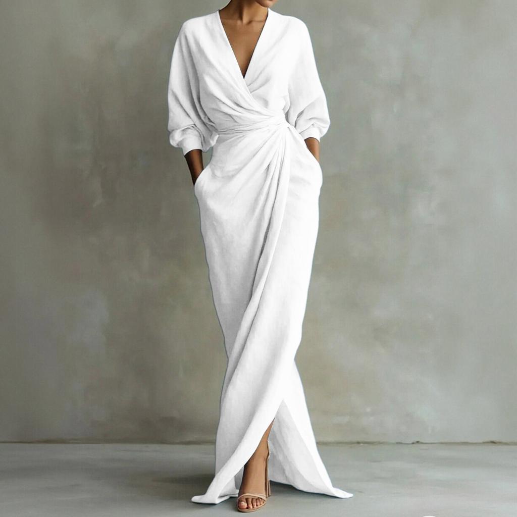 Women's Casual FashionColor V-neck Long Sleeve Slit Waist Pocket Dress