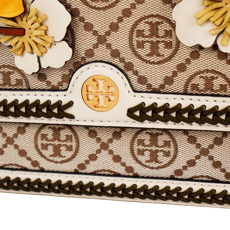 Tory Burch T Monogram 3D Floral Decoration Canvas And Genuine Leather Mini Shoulder Crossbody Bag Women Bags Beige 88976-371
