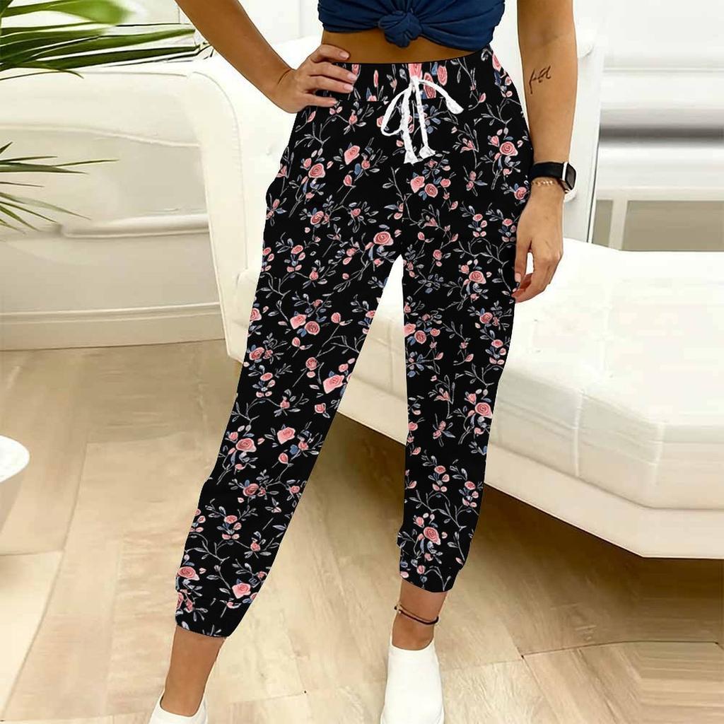 Summer Ladies Painted Flowers Printed Sweatpants Loose Fit Drawstring Joggers Elastic Cuff Daily Casual Pants