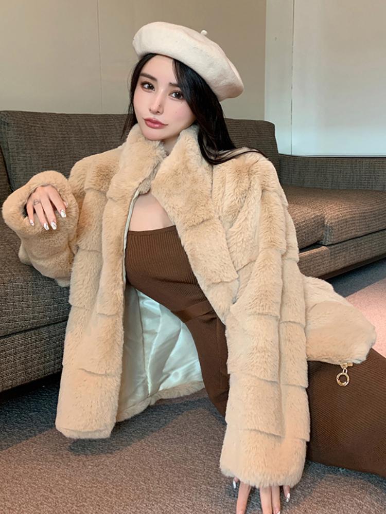 France Elegant Fur Warm Short Coat Women Winter Fleece Vintage Stand Collar Wool Jacket Korean Fashion Designer Clothes 2024 New