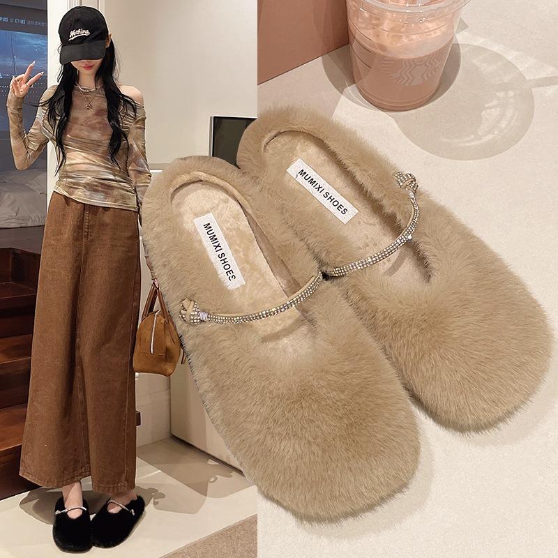 Simple and Beautiful Fluffy Slippers Women's New Autumn and Winter Outer Wear Velvet Flat Bottom with Skirt Bag Head Slippers