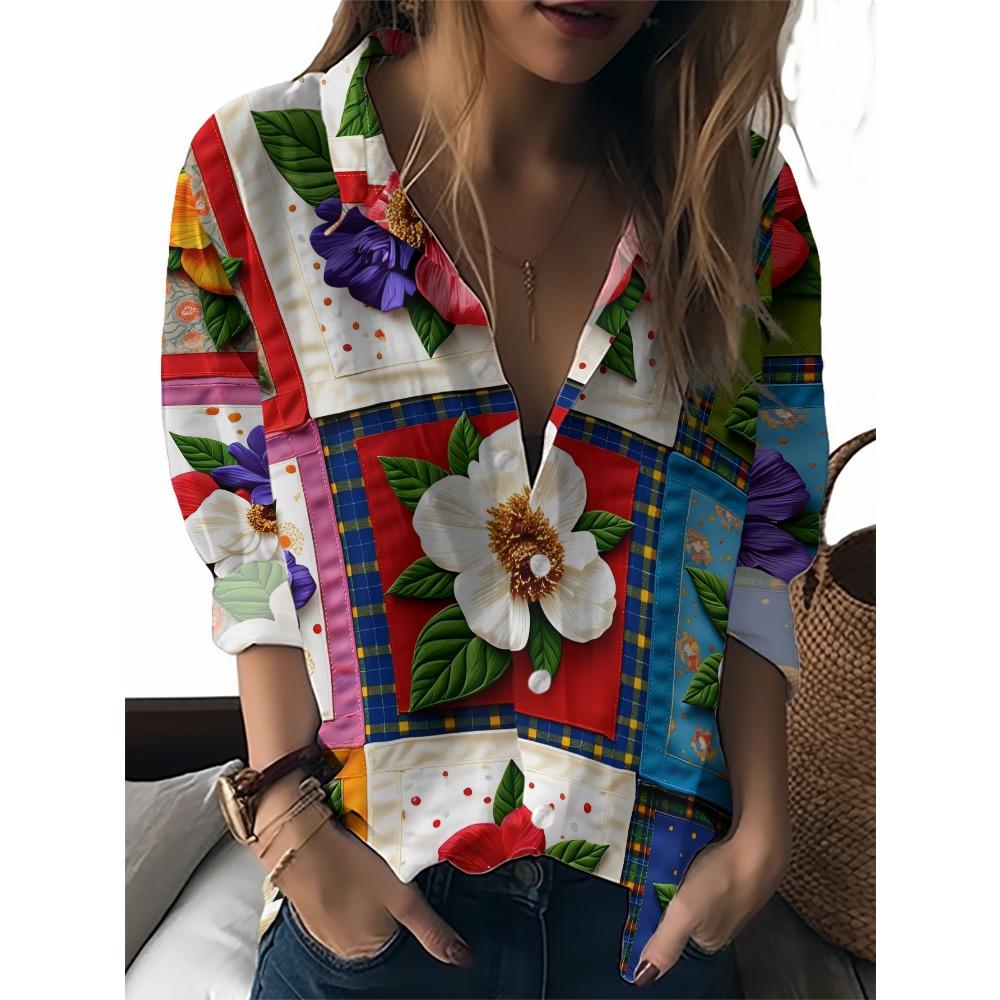 Sommer Minimalistisches Hemd mit Digitalem Blumenprint Knopfleistenhemd Oberteil für Damen Hawaiianischer Strandurlaub Lässiges Hemd