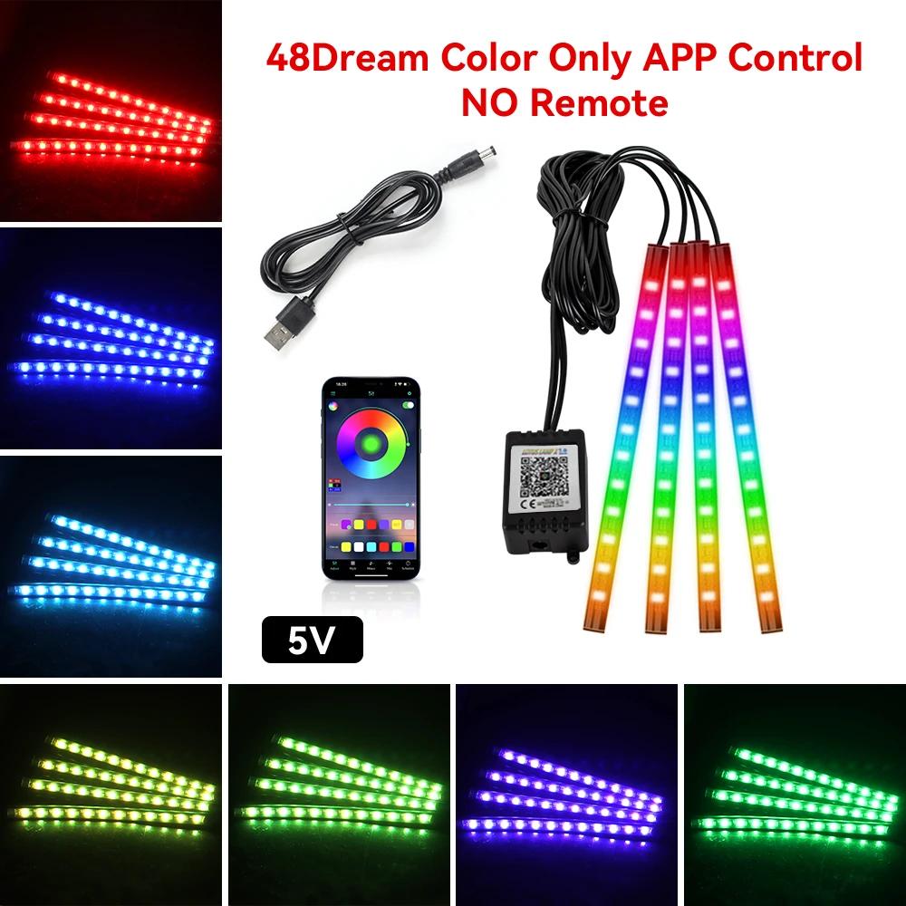 4in1 LED RGB Interior Ambient Car Light Strip Foot Light Dynamic Flash Light Music APP Control RGB Color USB/Cig Car Accessories