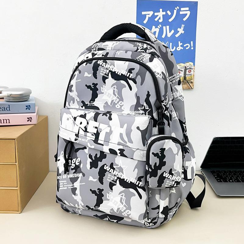 Schoolbag Japanese Trendy Cool Style Black and White Camouflage Graffiti Function Wind Backpack Junior High School Student Party Campus Durable