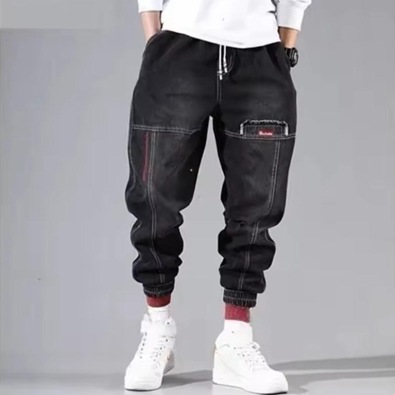 Fashion Ankle Banded Denim Men Jeans Black Gray Cargo Pants for Men Elastic Baggy Harem Pants Streetwear Hip Hop Jeans