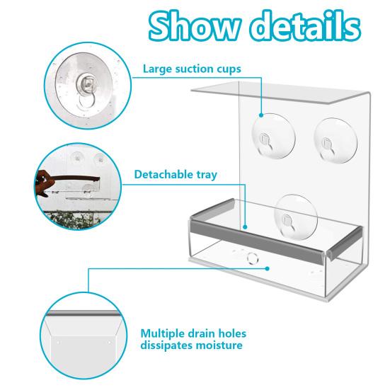 Kitchen Window Acrylic Hanging Wild Bird Feeder House with Strong Suction Cups Flat Roof for Outside Bluejay Chickadee