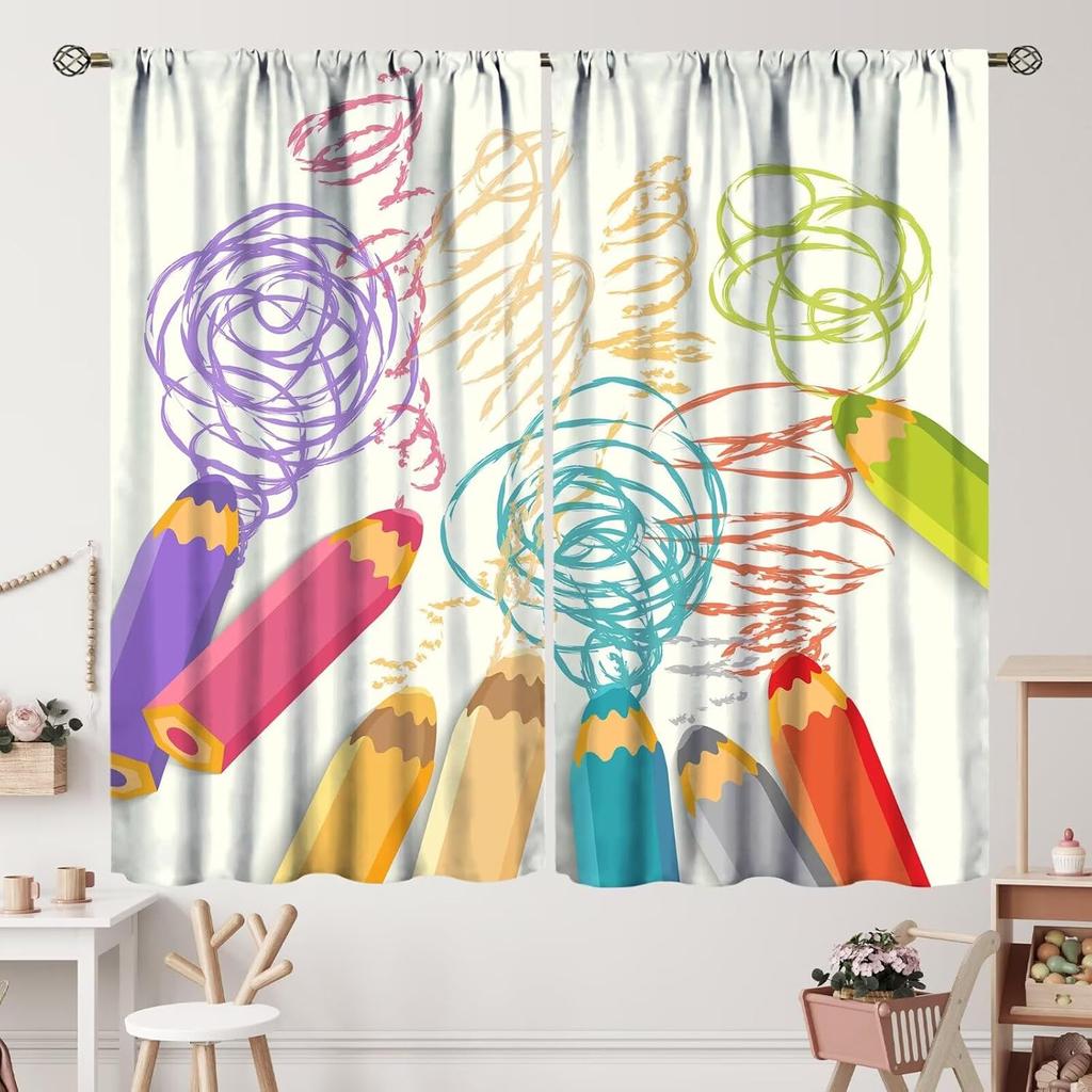 Kids Cartoon Pencil Curtains Colorful Crayons Art Printed School Curtain Nursery Bedroom Living Room Home Polyester With Rod Pocket Washable Sitting