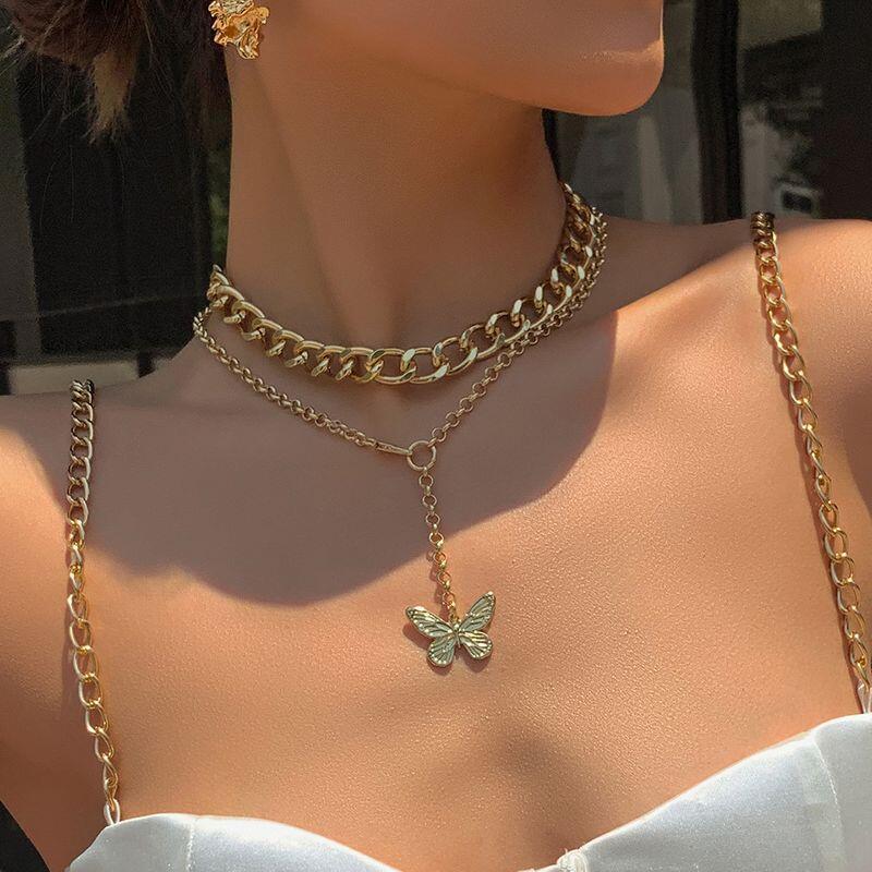 IF ME Classic Women Metal Gold Multilayer Necklace Silver Rose Pendant Necklace Dice Sun Decoration Accessories Temperament Jewelry
