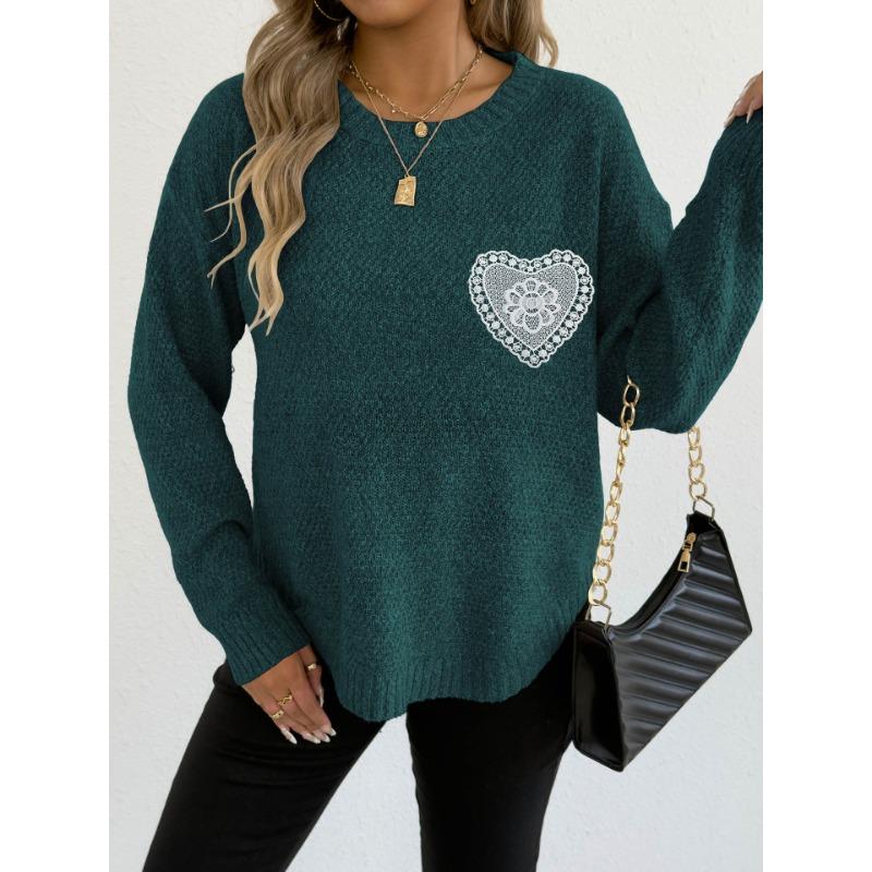 Women's Quilted Fleece Tops for Hollow Lace Pockets Round Neck Pullover Sweaters for Women