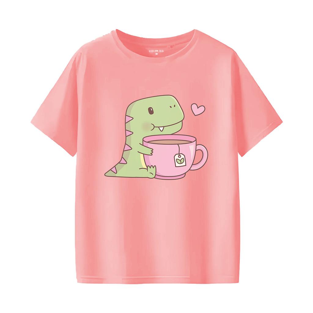 Cute dinosaur print short sleeved round neck versatile fashionable Womens Tshirt suitable for all seasons