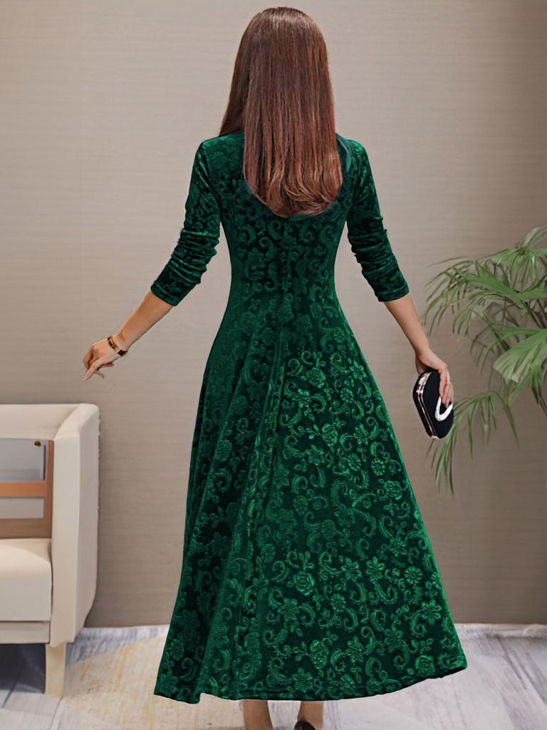 Spring Autumn New Style Elegant High-End Evening Gown Velvet Midi Dress for Women