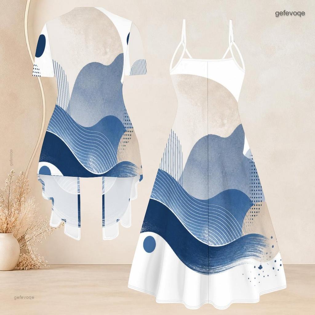 Women Plus Size Two Piece Set Blue Beige White Printed Short Sleeve Cardigan V Neck Strappy Flared Dress