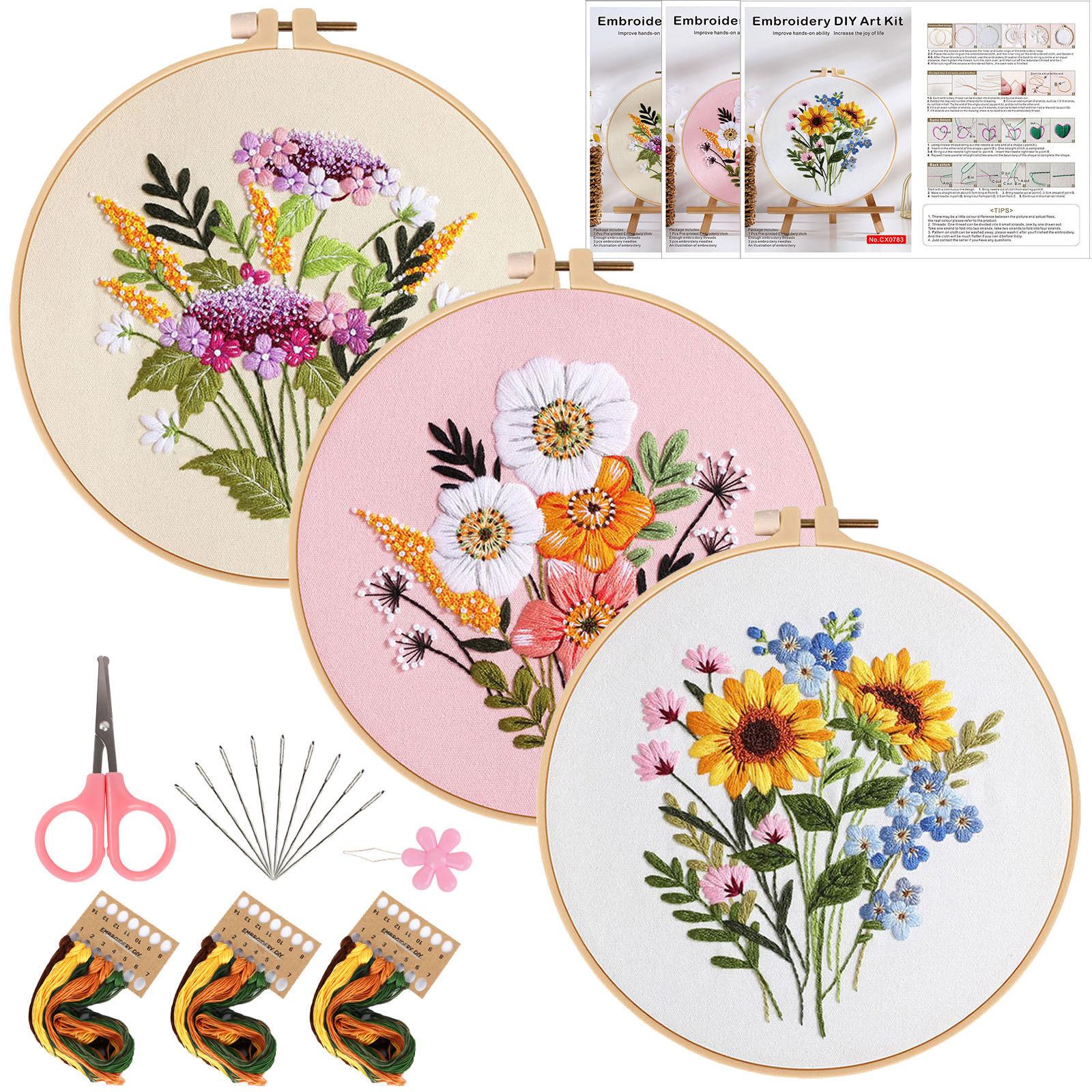 

3 Sets Embroidery Kit for Beginners with Floral Patterns, Cross Stitch Kits for Adults Including Hoop, Pre-Printed Fabrics, Threads 3PCS Embroidery Kit