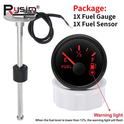 52mm 0-190 Ohm Fuel Oil Level Gauge Meter + Fuel Level Sensor 100~525mm Red Backliht Fuel Tank Indicator With Waring Light