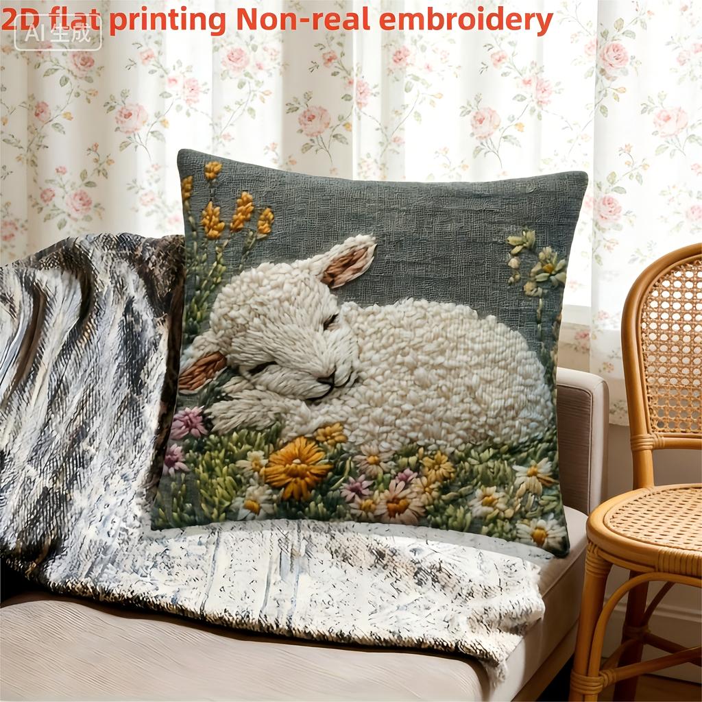 Cute Lamb Floral Pillow Cover 2D Print Sheep On Wildflower Cushion Case For Sofa Bed Couch Boho Nursery Decor