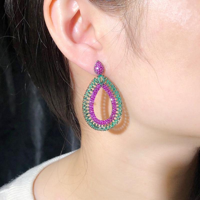 WWJ Trendy Black Golden Color Jewellery Inlay Zirconia Pear Shape Earrings
