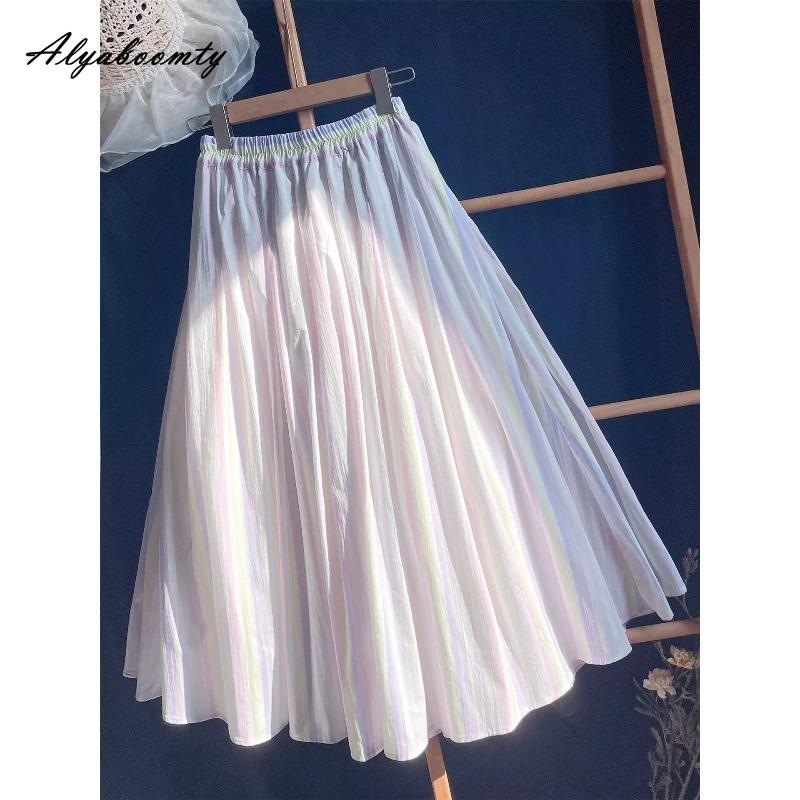 Spring Summer Women Rainbow Feminine Skirt Elastic Waist Pastel Striped Contrast Color Midi Skirt Cotton Soft Stylish Skirts Womens