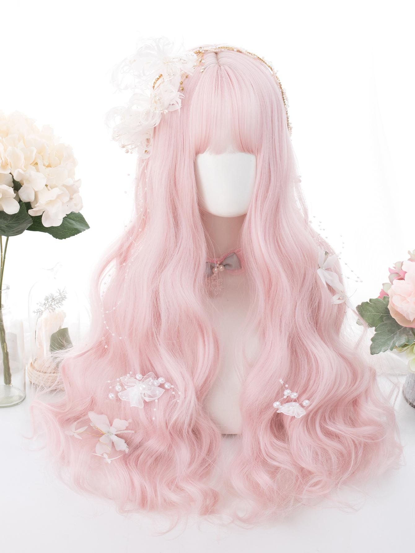 26 Inch Perzik Roze Kleur Synthetische Pruiken Met Pony Lang Natuurlijk Golvend Haar Pruik voor Vrouwen Dagelijks Gebruik Cosplay Hittebestendig 26inches white