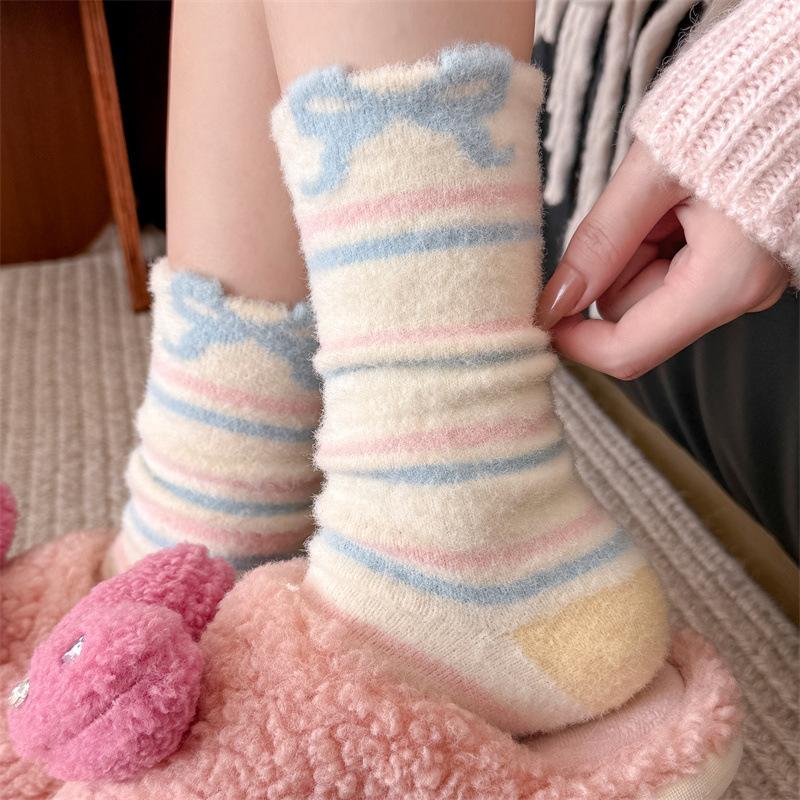 

Australian Woolen Socks for Girls, Cute Cartoon Rabbits, Fluffy Mid-calf Socks, Sweet Autumn and Winter, Bow Stripes, and Warm Socks 1 pair