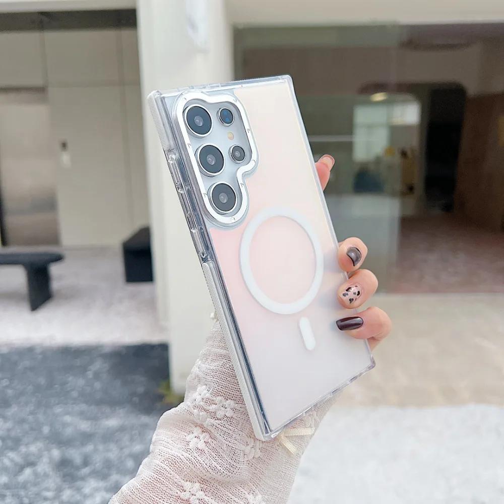 Metal Lens MagSafe Phone Case For Samsung Galaxy S25 S24 Ultra S23 Plus  S22 S21 A53 A54 A55 Wireless Charging Discolour Cover