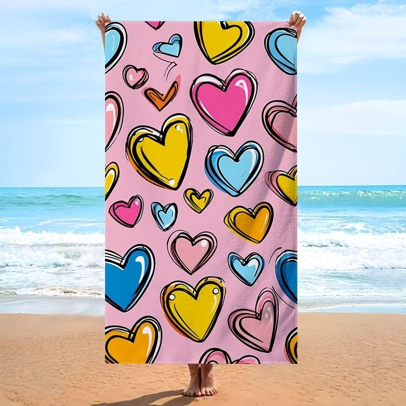 Cartoon Colorful Outline Heart Print Beach Towel Multiple Sizes For Girl Summer Seaside Swimming Pool Sunbathing Travel Towel
