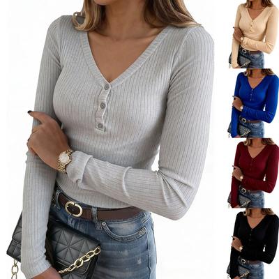 Damski T-shirt z długim rękawem, zapinany na guziki, prążkowany, dopasowany, casualowy top