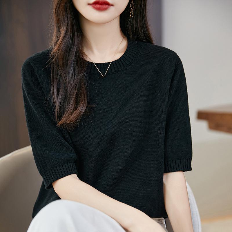 Kurzärmeliges Strick-T-Shirt Damen Lässiger Rundhals-Pullover Einfarbig Locker Halbarm-Pullover