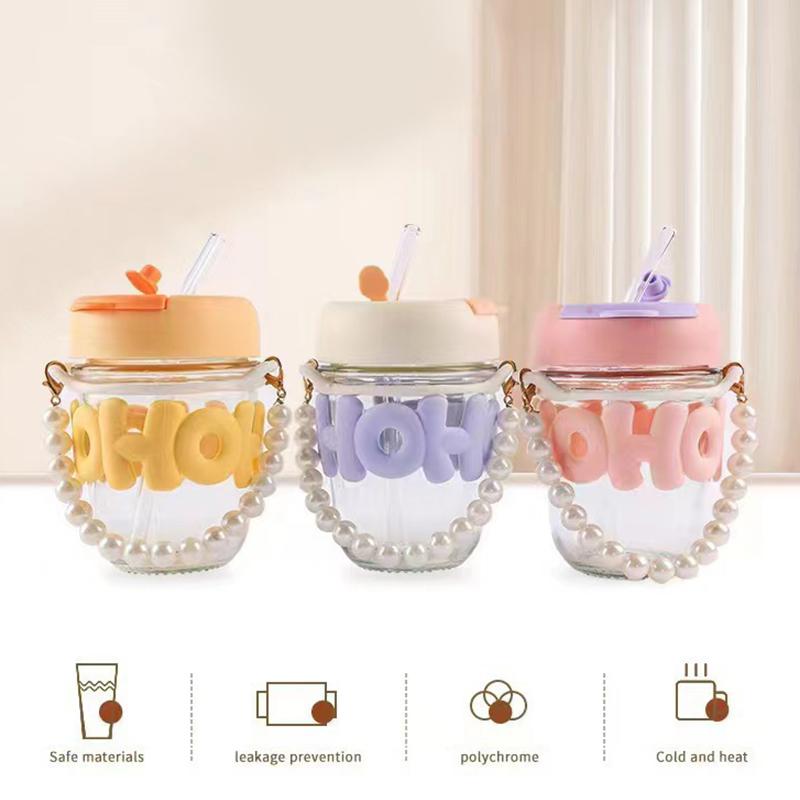Drinking Cup Transparent Glass High Value Anti-Scalding Cute Straw Cup Pearl Bracelet Letter Water Cup