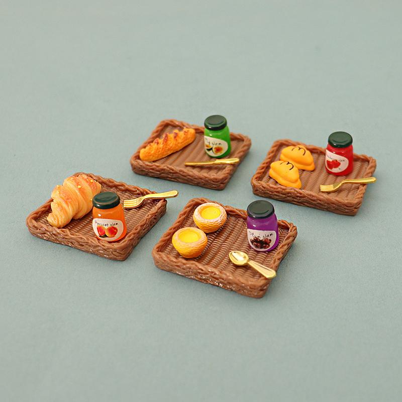 1 Set Dollhouse Miniature Simulation Food Dessert Cake On Serving Tray With Tableware For Kitchen Model Doll House Decor